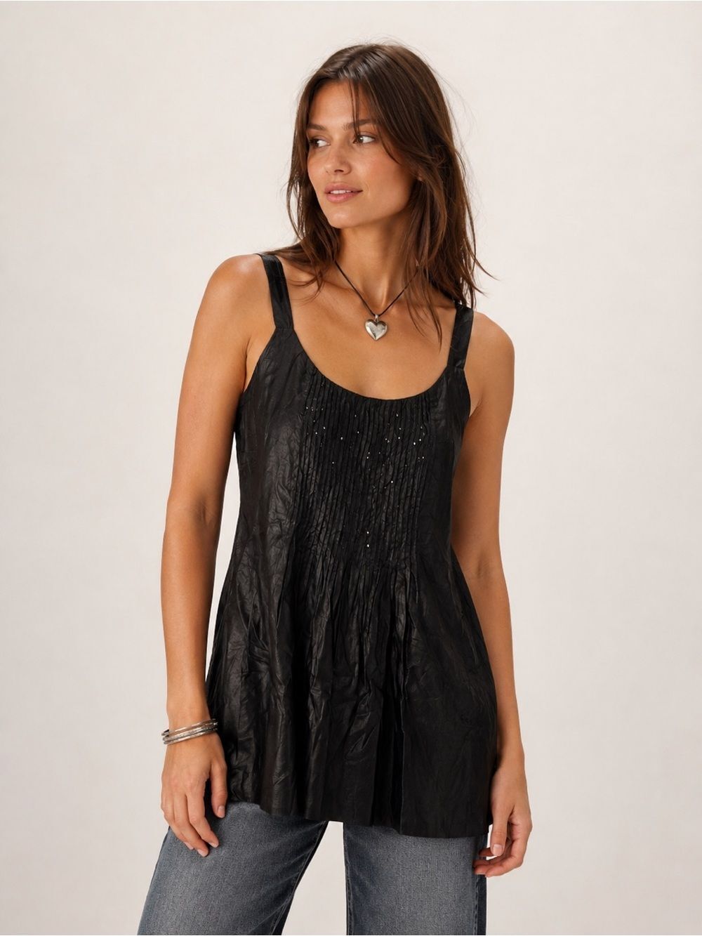 Eileen Fisher Silk and Cotton Black Sleeveless Pintuck Scoop Neck Tunic Tank Top